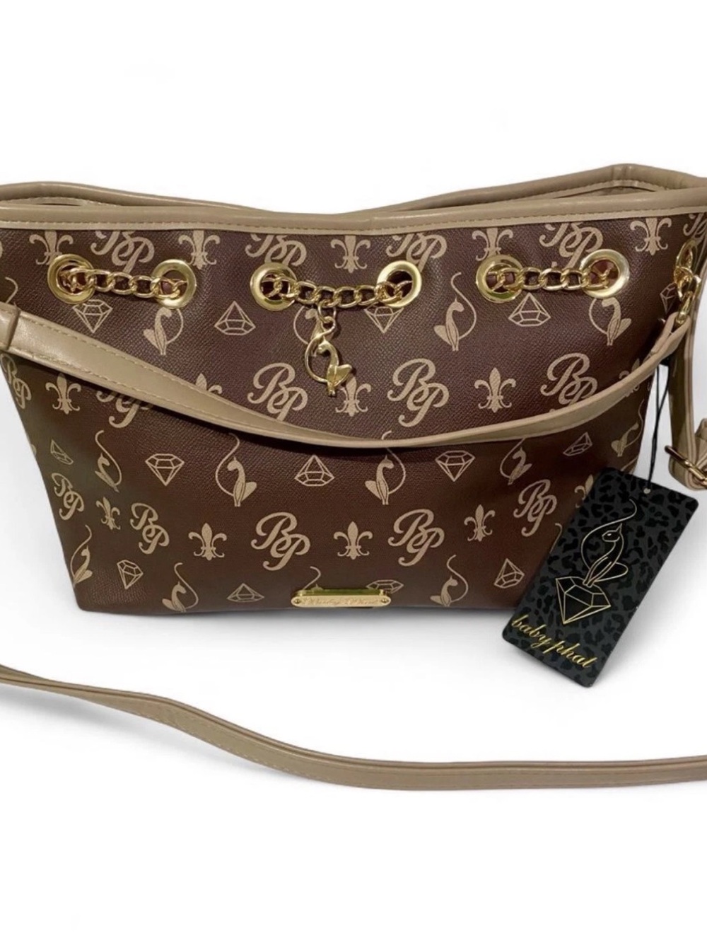 Baby Phat Brown Logo Tote Bag with Gold Chain Accents